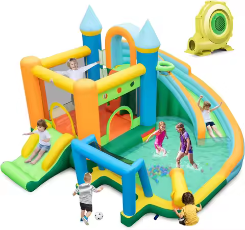 Inflatable Water Slide with 735w blower, 9 in 1 Giant Water Bounce House Park w/Dual Slides, Soccer 
