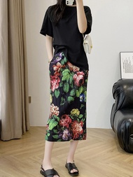 Issey Miyake Retro Floral Frilled Skirts Female Summer 2023 New Show Thin Elastic Waist Bag Black Pencil Skirt