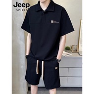 Jeep吉普休閑運動套裝男士夏季薄款黑色短褲短袖Polo衫搭配一套男