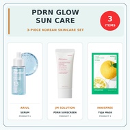 [PDRN Glow Sun Care] 3-Piece Korean Skincare Set | ARIUL, JM SOLUTION, INNISFREE | Hyaluronic Serum,