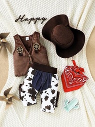 SHEIN 男寶寶西部牛仔風格服裝包括牛仔帽、絲質頸巾、麂皮流蘇背心和牛圖案流蘇褲