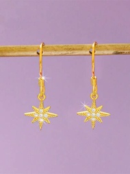 1對女士s925純銀八角星勾魚耳環,簡約時尚星星首飾