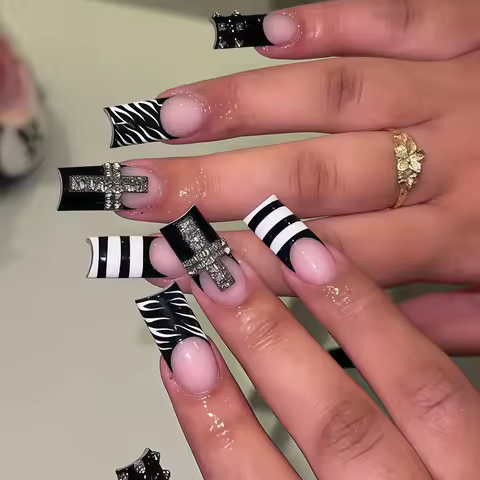 Cross Press on Nails Handmade 3d Y2k False Nails Black French Style Press On Nails Long Square Europ