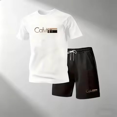 2026 Summer Men's Streetwear 2 Piece Set O-Neck T-Shirt+Sports Shorts Quick Dry Fitness Gym Running 