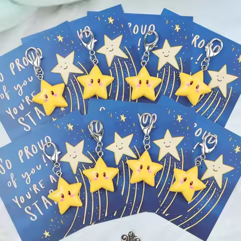 1/4/8Pcs Plastic Cartoon Cute Resin Yellow Smiling Star Keychain Inspiring Words Bag Charm Car Keych