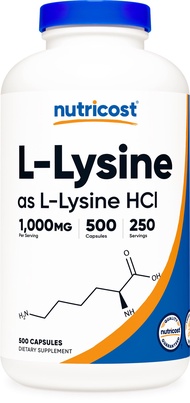 L-Lysine 1000mg Per Serving, 250 Servings, 500 Capsules - Gluten Free, Non-GMO, 500mg Per Capsule
