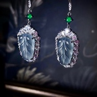 |一夜暴富|A貨翡翠冰玻藍起螢光大葉子15.7mm純銀鍍18k奢華耳環