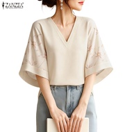 ZANZEA Women's Elegant Floral Print V-neck Short Sleeve Loose Fit Blouse