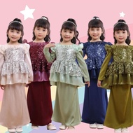 Baju Raya Rania Peplum Lace Pearl Sequin Kurung Moden Baju Raya Kanak-Kanak Perempuan Baju Sedondon 