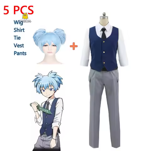 Anime Assassination Classroom Shiota Nagisa Cosplay Costume School Boy Uniform Blue Wig Tie Vest Hal