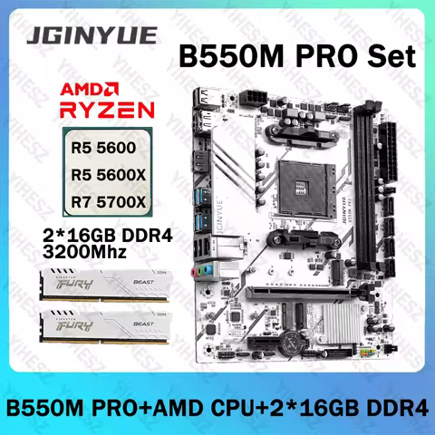 JGINYUE B550M PRO Motherboard Set With AMD R5 5600/5600X R7 5700X 2*16GB=32GB 3200Mhz DDR4 RAM Suppo