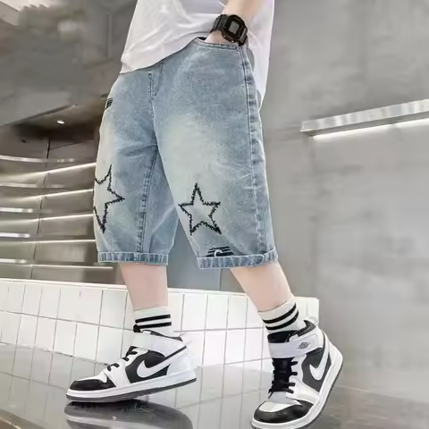 OLEKID Children Boy Shorts Summer Junior Boys Denim Shorts Thin Star Embroidery 4-14Y Kids Boy Short