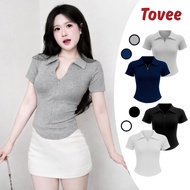 Short-Sleeve T-Shirt with Zipper Collar Tear Drop Flap Long Ribbed T-Shirt DD52, Women's Bodycon Pol