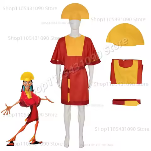 Anime Emperor Kuzco Cosplay Costume King Red Jumpsuit Yellow Hat Belt Outfits with Men Halloween Fan