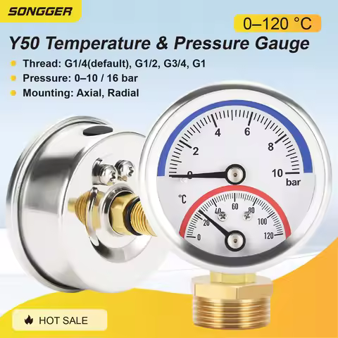 Y50 Temperature & Pressure Gauge Stainless Steel 0‑10bar 0‑120°C HVAC Boiler Bimetal Thermometer Axi