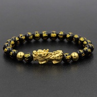 ✖♙▲Never Fade Stainless Steel Golden Pixiu Obsidian Bracelet Feng Shui Natural Stone Wealth Bracelet