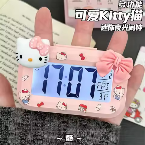 Cartoon Saniro Hello Kitty Alarm Clock Mini Pink Cat Noctilucent Alarms Clocks Dormitory Desktop Orn