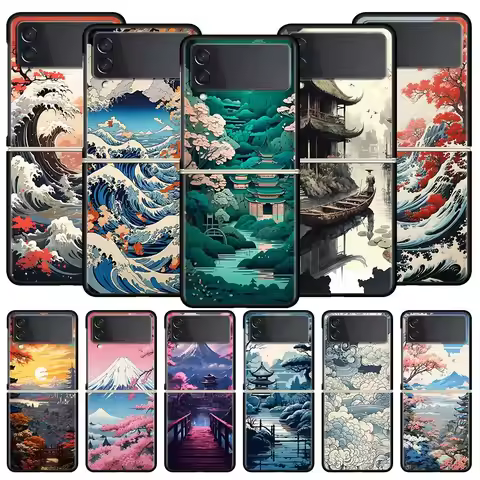 Japanese Landscape Phone Case For Samsung Galaxy Z Flip3 Flip4 Flip5 PC Shell For Z Flip 3 4 5 Black