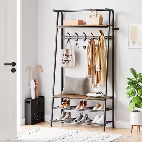 Coat Rack Shoe Bench, 4-in-1 Hall Trees Entryway Bench with Coat Rack and Shoe Rack, Steel Frame Sto