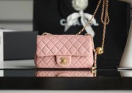 『RP精品』CHANEL 香奈兒 CF 金球 方胖包 20cm 玫瑰粉 金扣 小羊皮 口蓋包 斜背包 側背包 單肩包