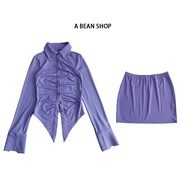 A BEAN abg Hot Girl Taro Color Pleated Slim-fit Stretch Shirt+Hip Skirt Two-Piece Suit
