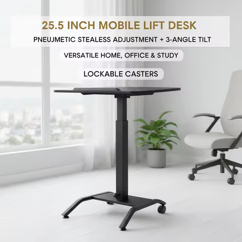 Mobile Adjustable Standing Desk 25.5x17in, Foot Pedal Pneumatic Height 28-42.5in, 3 Angle Tilting To