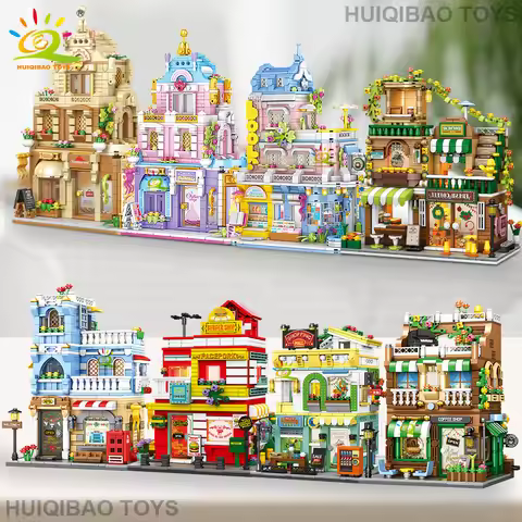 HUIQIBAO City Street View Coffee Burger Shop Hotel Model Building Blocks DIY Architecture Commercial