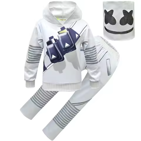 3pcs Fortnite Halloween Cosplay Costume DJ Marshmellow Jumpsuit Girl Boys Christmas Party Role Play 