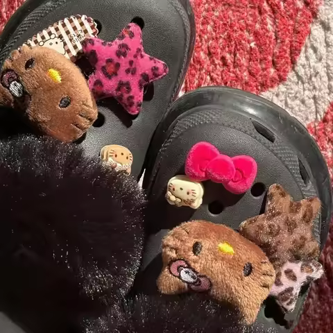 Y2k Leopard Print Star Bow Hello Kitty Hole Shoes Accessories Decoration Kawaii Japanese Cute Hello 