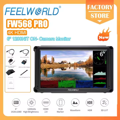 FEELWORLD FW568 PRO 6-inch Camera DSLR Monitor 1200nit High Bright 4K HDMI 60Hz Waveform 3D LUT