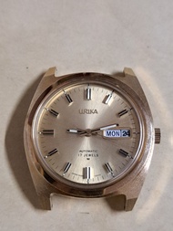 [1970年代古董錶] 日本 Urika 17石 雙曆自動機械錶 (Hamazawa 5026機芯 / 經典金色鮑魚殼)