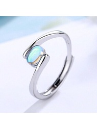 1 Anillo Espiral Con Diseño Elegante De Estilo De Dama Con Piedra De Luna Azul