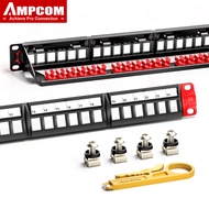 AMPCOM Blank Keystone Patch Panel 1U 24-Port RJ45 UTP Detachable Tool-Less Rack Mount with Back Bar 