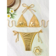 Sexy Metallic Gold Halter Bikinis Sets Two Pieces 2025 Women Thong Bandage Swimsuit Female Bathing S