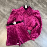 ชุด GC886แขนพองยาวฤดูหนาวคอปกแจ็คเก็ตผ้าฝ้ายสองชิ้นกางเกงขาสั้นผ้ากำมะหยี่เอวสูง