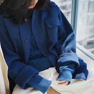 靛藍色 兩色多口袋工裝燈芯絨外套 秋冬寬鬆翻領夾克 劍道服質料