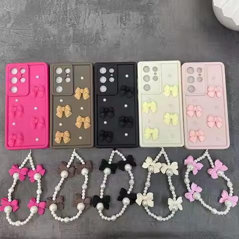 For Vivo V50 Lite Y29 Y19S Y04 Y03 4G T4X 5G Cute 3D Pearl Bow+Chain Phone Case For Vivo V70 Y31D Y2