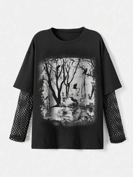ROMWE Goth 黑色哥德風森林剪影印花網接長袖假兩件T恤