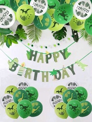16入組恐龍主題生日派對氣球和生日橫幅套裝,綠色恐龍裝飾用品氣球和下午茶用品,適用於2-12歲男孩的生日慶祝活動