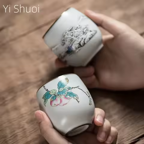 Moon White Ru Kiln Round Melting Cup Kombucha Cup Master Gracked Glaze Teacup Tea Set Ceramic Cup Ce