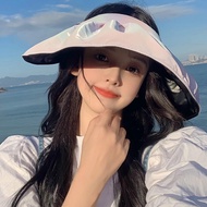 Ikat rambut topi matahari kecerunan pelangi uv wanita musim panas anti-ultraviolet hitam topi matahari plastik hitam top