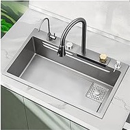 BYRCAL Single Bowl,Bar Stainless Steel Sink, With Flying Rain Faucet, Soap Dispenser, Made Ofwith Nano Coating,Drop-in Or Undermount(Size:68x46x22cm,Color:Gun Gray-a)