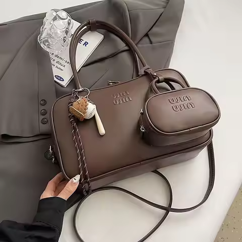 Retro Large Capacity Bowling Bag Boston Handbag For Women Solid Shoulder Bag Leather Casual Bowling 