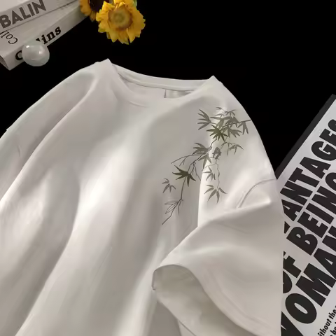 Men's Oversized T-shirts White Cotton T Shirt 5XL for Men Casual Summer Wear Fashion Leaf Print Tee 