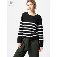 Uniqlo Sweater Katun Rajut 3D Kerah Bulat (Garis Putih)