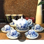 Bộ Ấm Chén Trà Đạo Gốm Trắng Men Lam Bát Tràng Trúc Lâm Thất Hiền Dáng Thủy Bình Dung Tích 400ml (Bộ