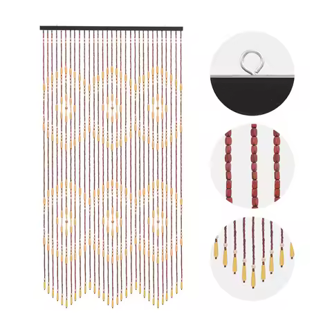 78.74x35.43in Bamboo Beaded Door Curtain, Chinese Classical Wood Bead Divider for Porch, Bedroom, Li