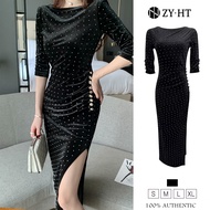 ZY.HT EraVogue Váy nữ Váy đen Váy dài Váy bó sát Váy cổ điển Váy nhung Váy dài tay Váy Hàn Quốc Váy