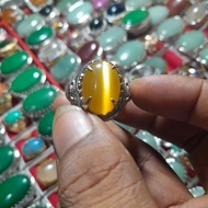 Yellow cat eye stone ring titanium ring / yellow cat eye stone ring with titanium metal binding