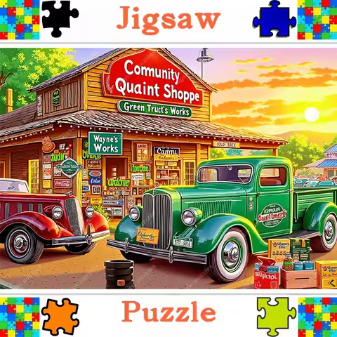 2000/1000/1314/520pcs Vintage 1950s Gas Station Adult Puzzle - Large Jigsaw with Stylish Cars, Groce